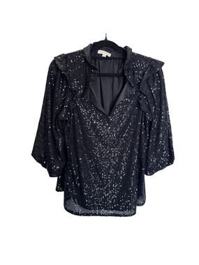 Crown & Ivy Black Sequin Ruffle Blouse V-Neck Evening Wear Top Women's Size S